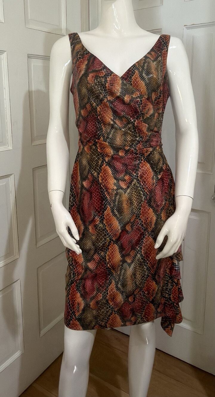 Janine Snakeskin Print Sheath Cocktail Dress Ruffle Sleeveless V Neck